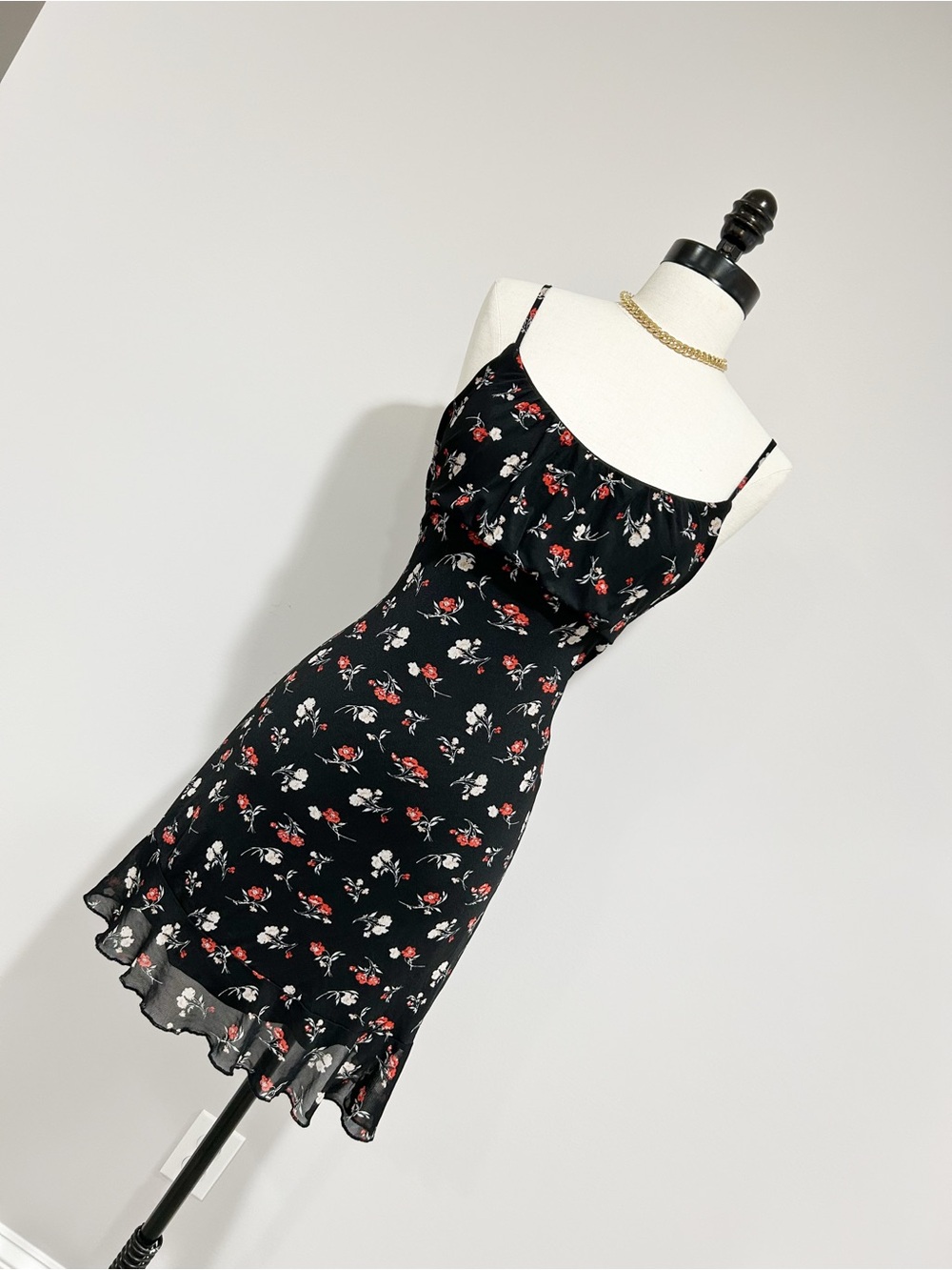 Ultra Flirt Black Floral Mini Dress with Red and White Accents